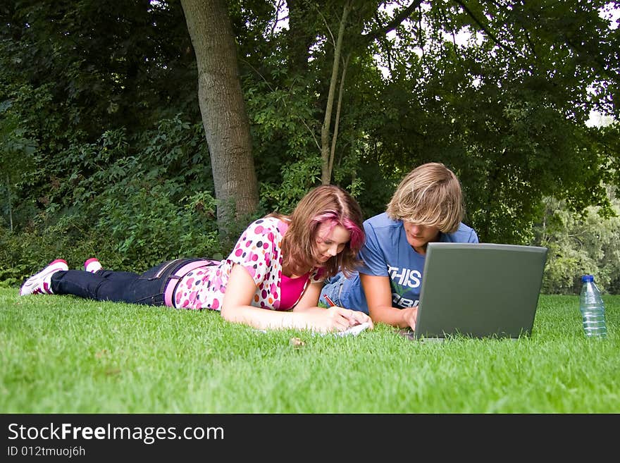 Students studying in a park in the summertime. Students studying in a park in the summertime