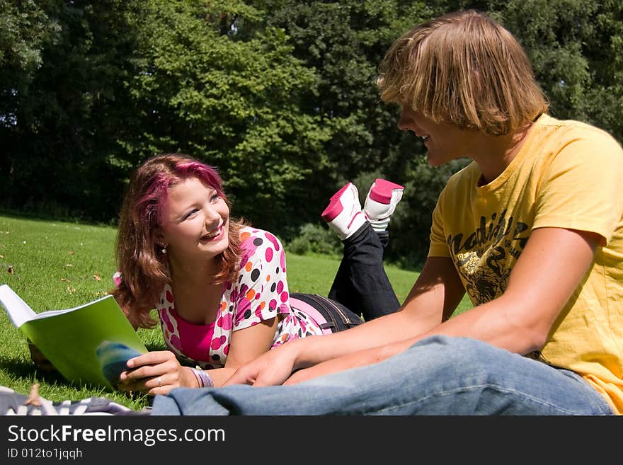 Students studying in a park in the summertime. Students studying in a park in the summertime