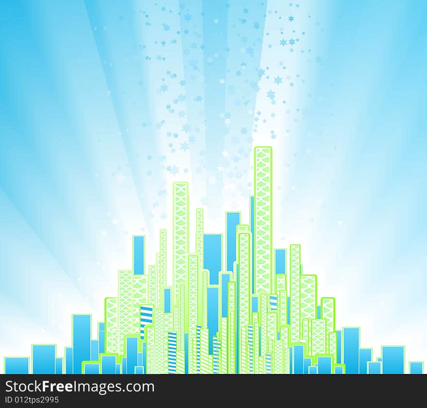 Vector illustration of a modern urban background with flowing celebration stars and a glowing horizon. Vector illustration of a modern urban background with flowing celebration stars and a glowing horizon.