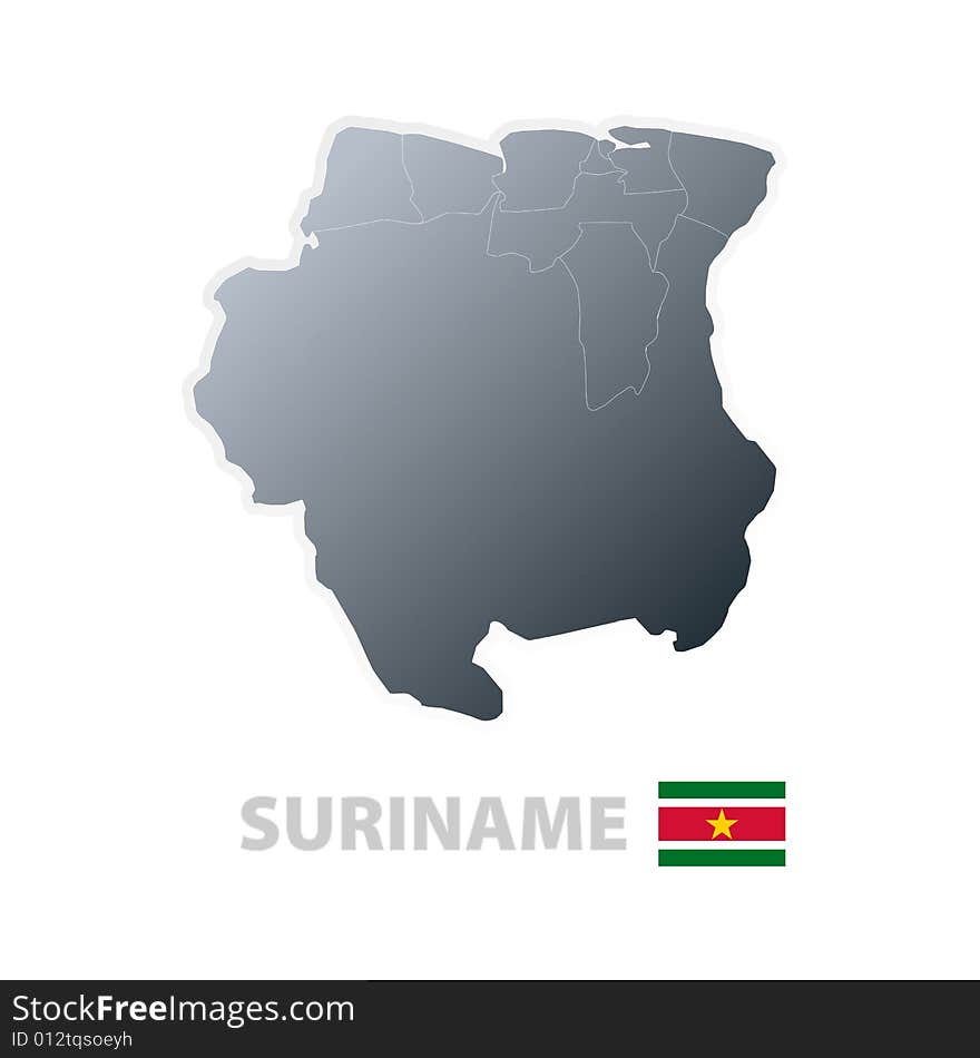 Vector illustration of the map with regions or states and the official flag of Suriname. Vector illustration of the map with regions or states and the official flag of Suriname.