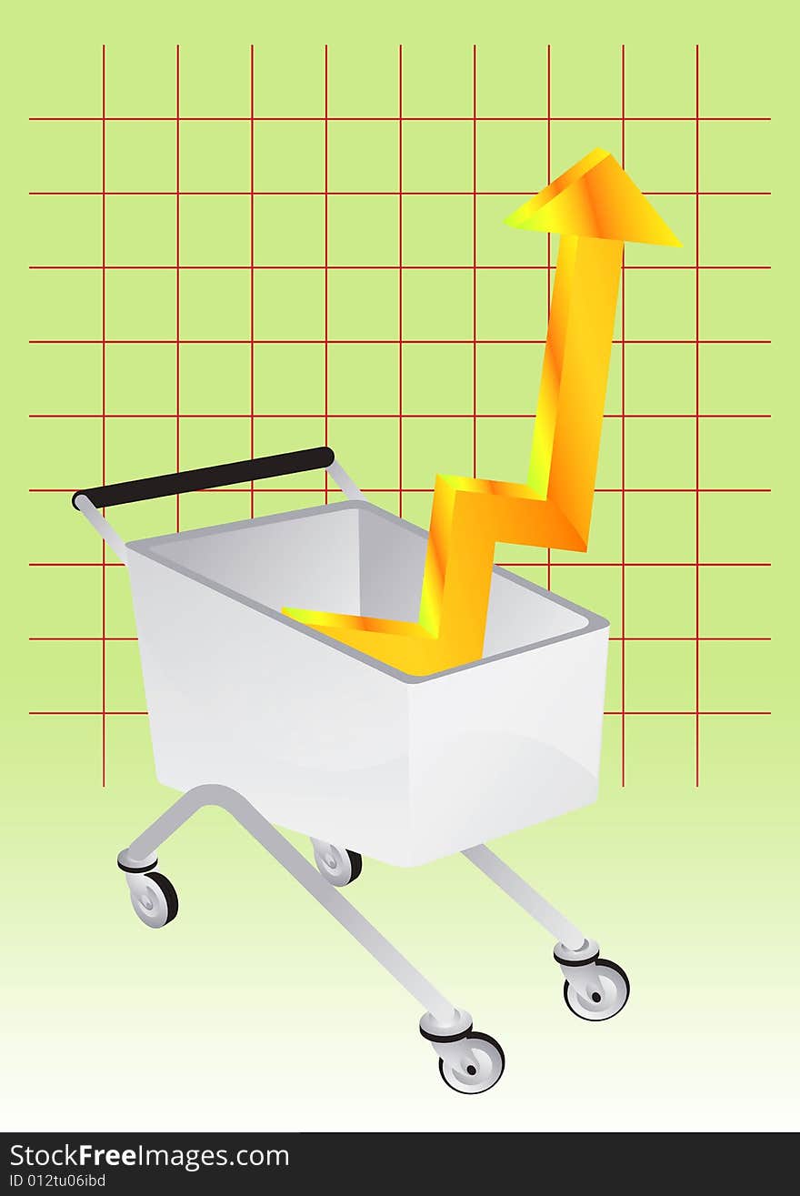 Shopping with graph chart and 2d arrow pointing the way into success in green background