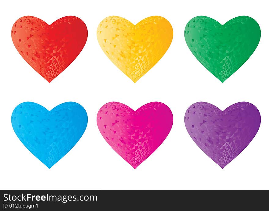 3d crystal colorful hearts rendered in white background, vector