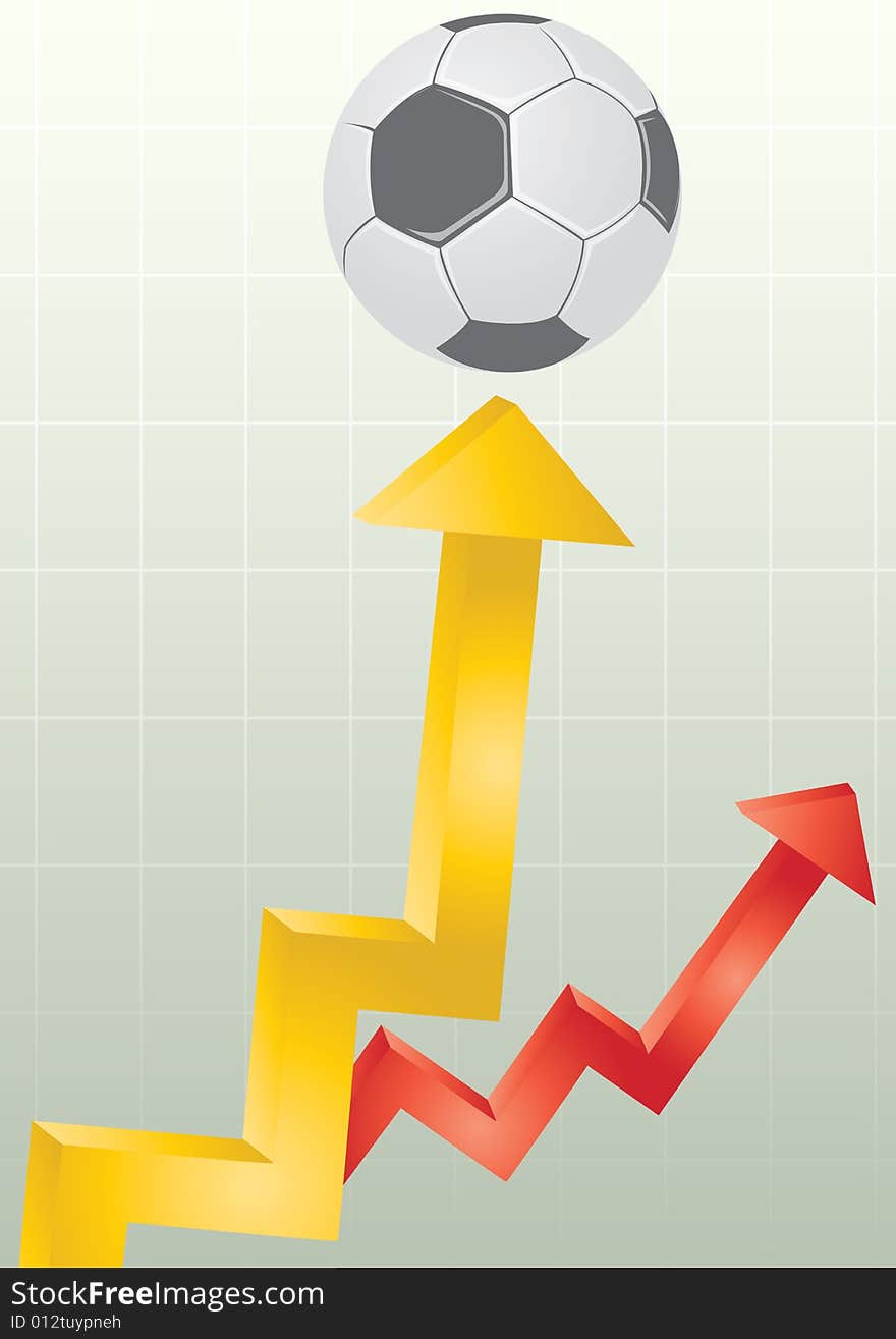 Arrowhead business chart pointing a soccer ball in grid line background. Arrowhead business chart pointing a soccer ball in grid line background