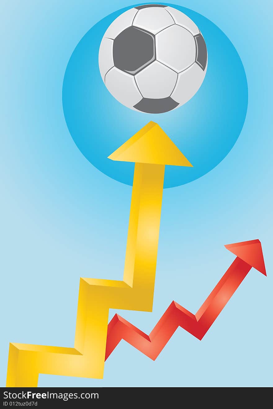 Arrowhead business chart pointing a soccer ball in blue background. Arrowhead business chart pointing a soccer ball in blue background