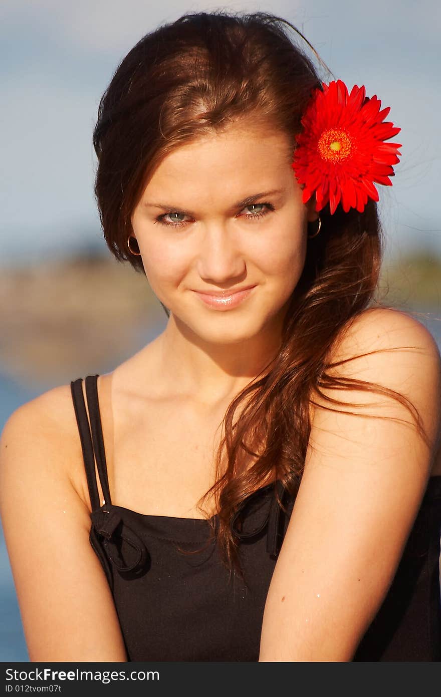 Young brunette girl with daisy in her hair. Young brunette girl with daisy in her hair