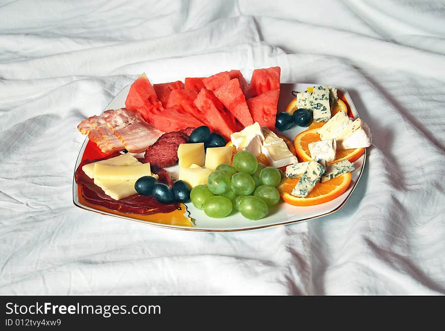 Breakfast, healthy food, fruits, cheese and meat