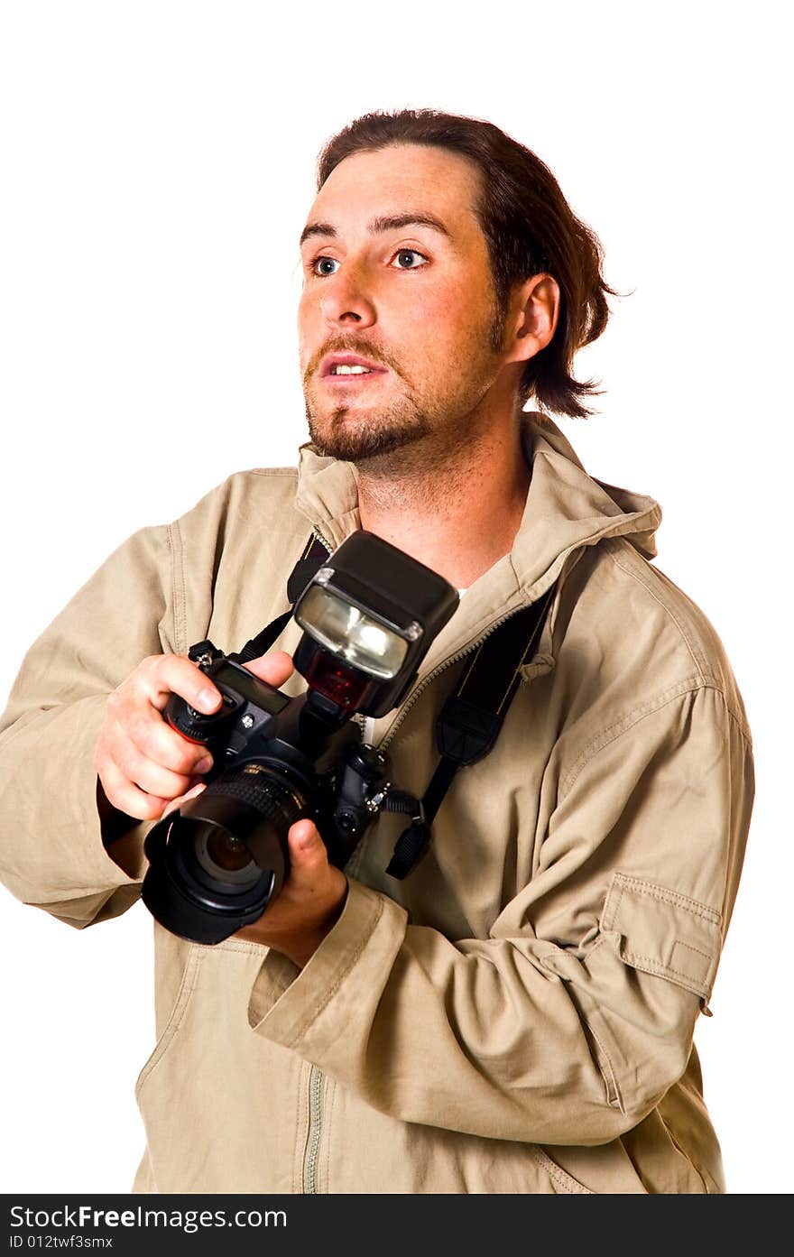 The man with the camera on a white background