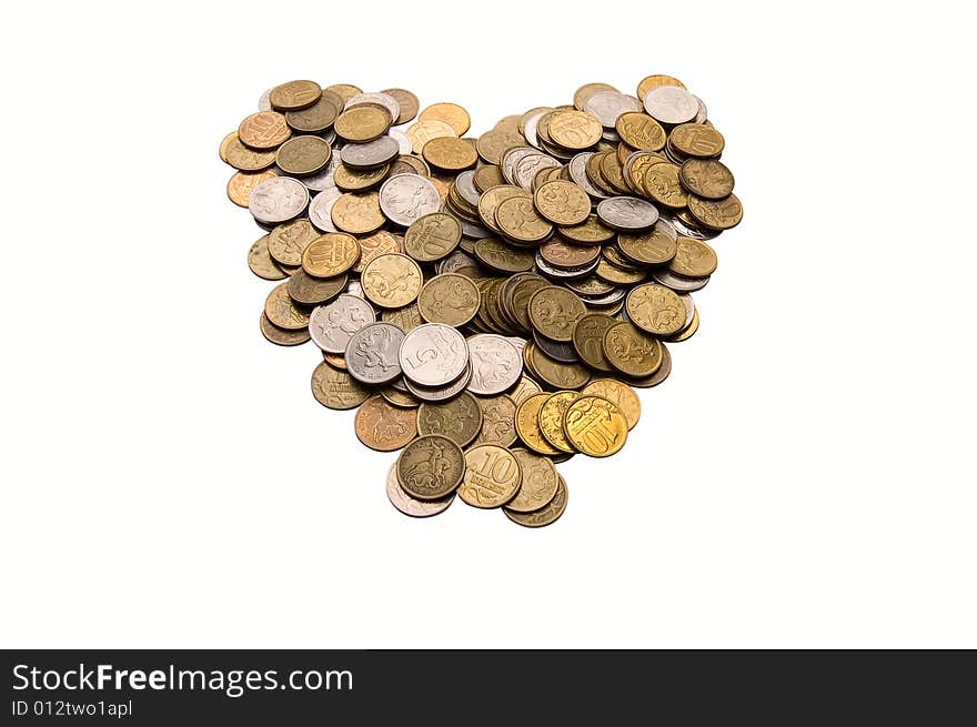 Coins as heart on white background. Coins as heart on white background