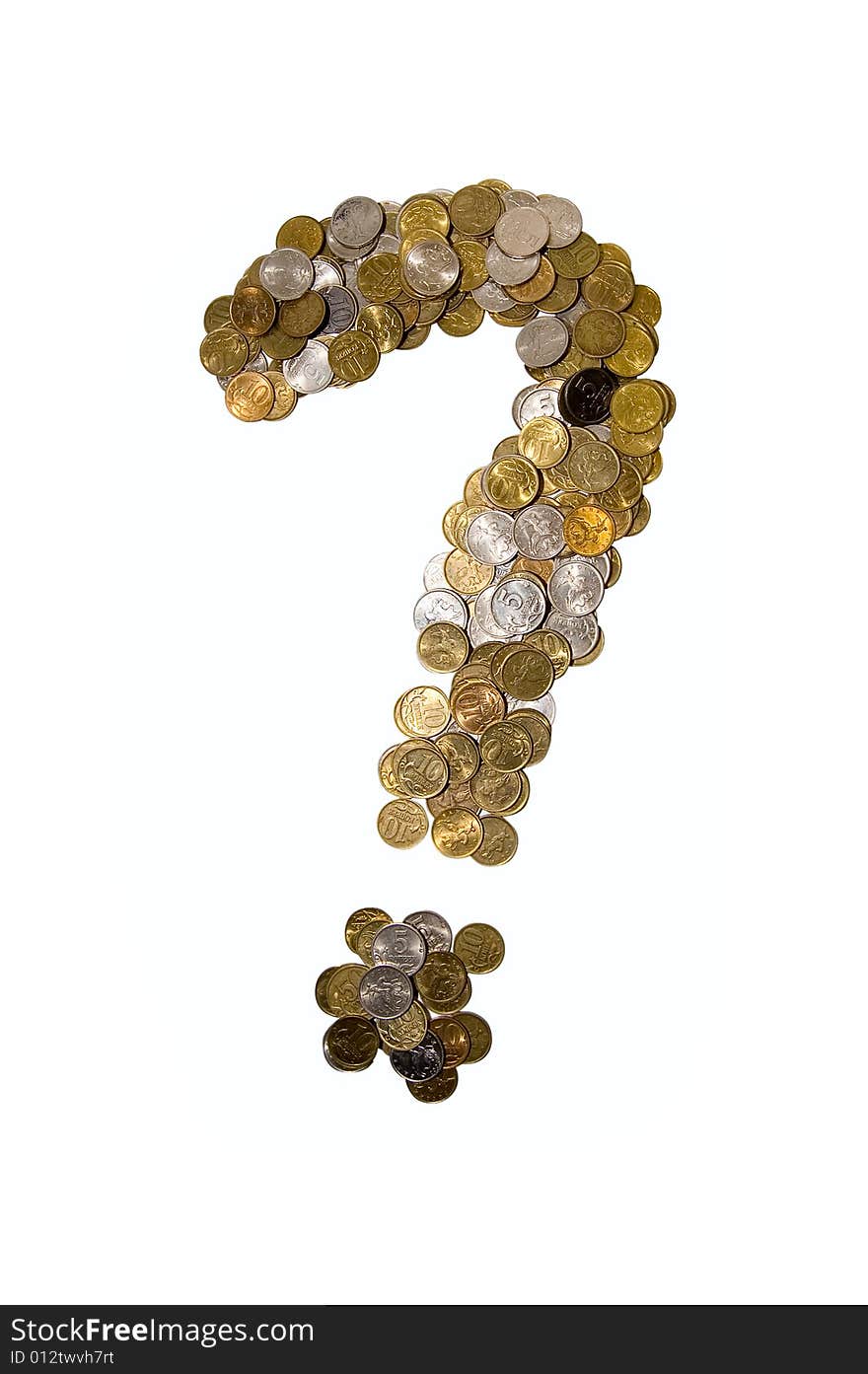 Coins as question mark on white