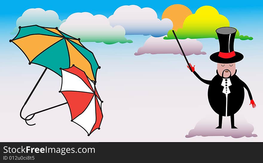 Abstract colored background with man predicting the weather, umbrellas and various cloud shapes. Abstract colored background with man predicting the weather, umbrellas and various cloud shapes