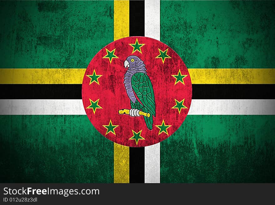 Weathered Flag Of Dominica, fabric textured. Weathered Flag Of Dominica, fabric textured