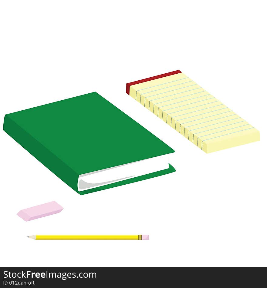 Illustration of a student's table, with a book, eraser, pencil and notepad. Illustration of a student's table, with a book, eraser, pencil and notepad