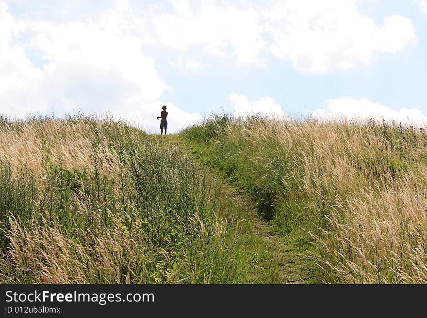 Boy kiteflying on a meadow