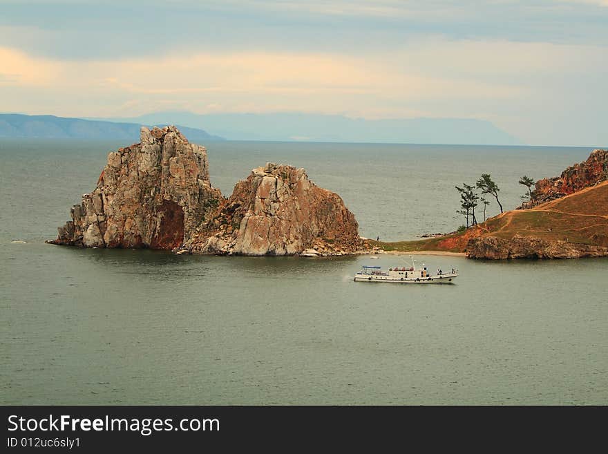 Shaman's Rock on island in lake