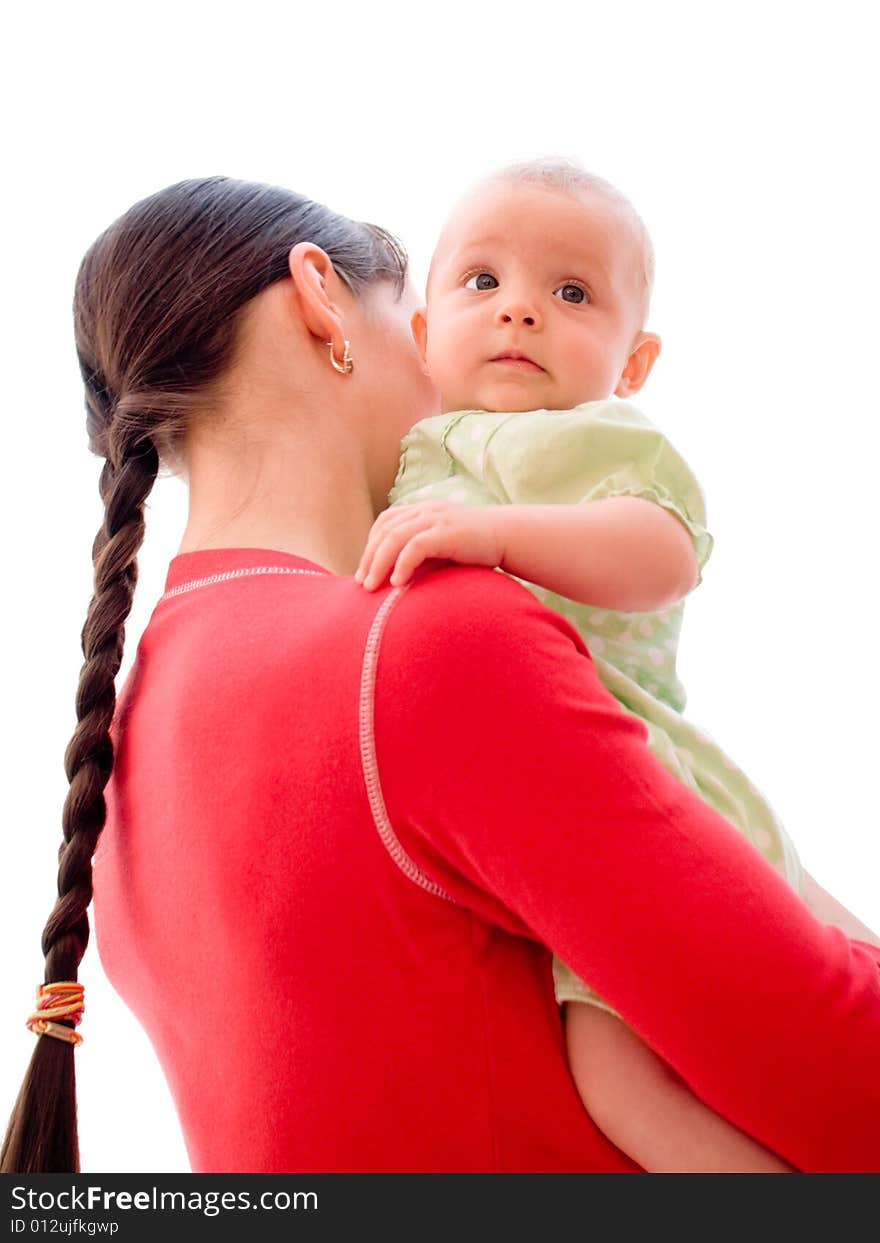 Baby with mom isolated on white