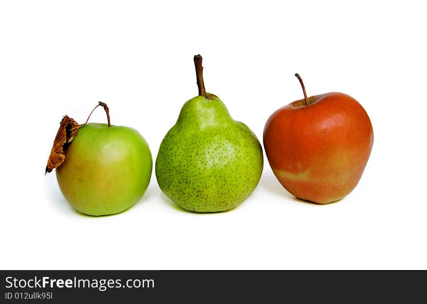 Two apples and pear isolated on white. Two apples and pear isolated on white