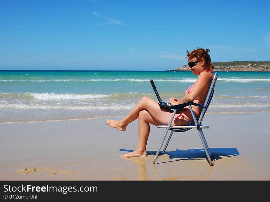 Young beautiful woman has a rest on coast of ocean