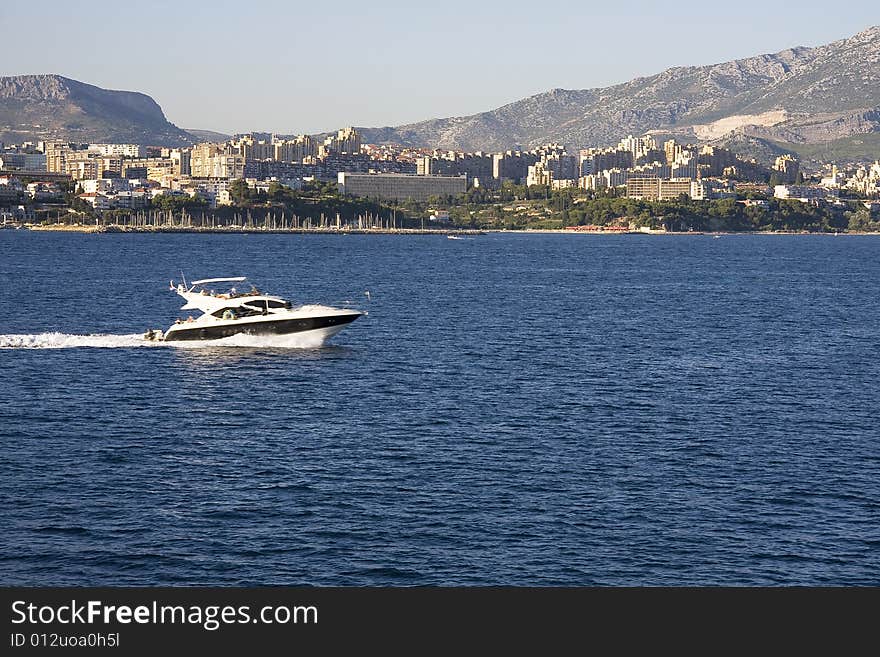 Speadboat sailing on the adriatic sea. Speadboat sailing on the adriatic sea