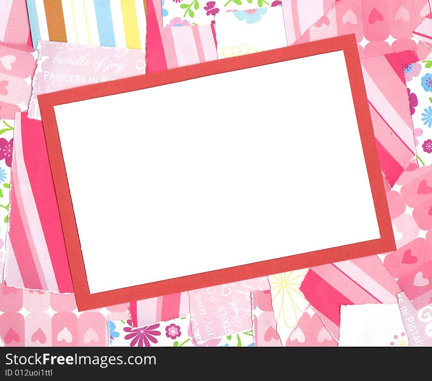 Pink papers collage frame with white foreground. Pink papers collage frame with white foreground