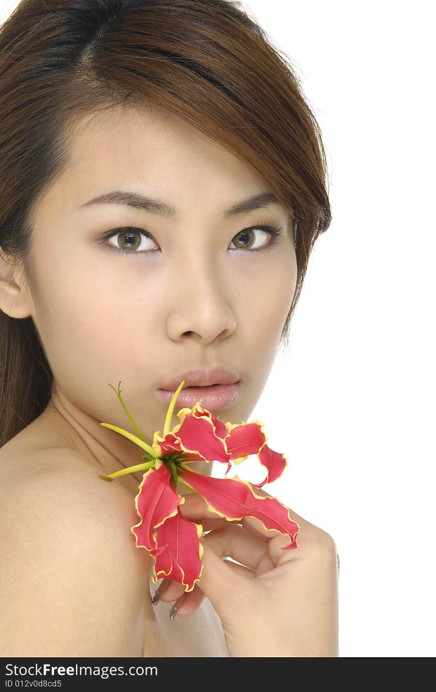 Asia beautiful girl with red flower