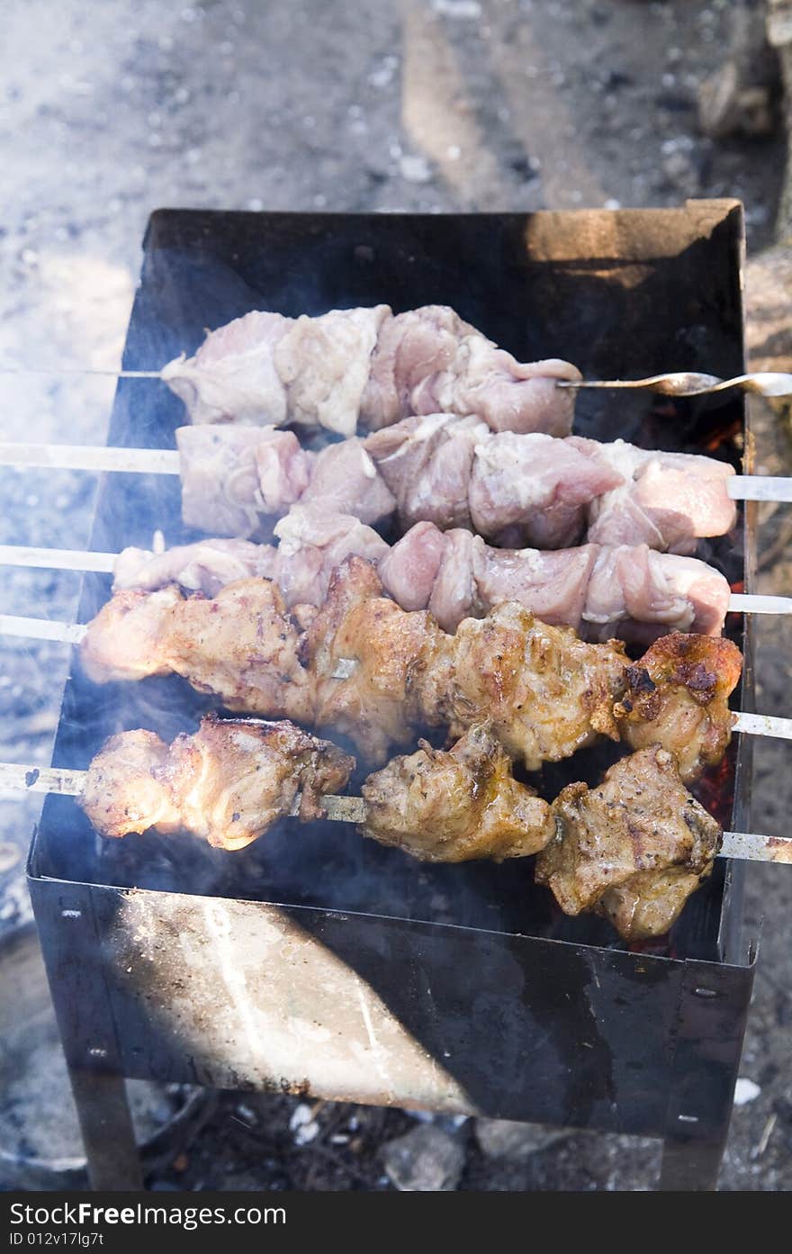 Meat kebabs on grill