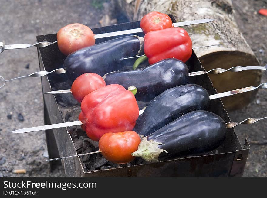 Eggplants, tomatos and red bell peppers on grill. Eggplants, tomatos and red bell peppers on grill