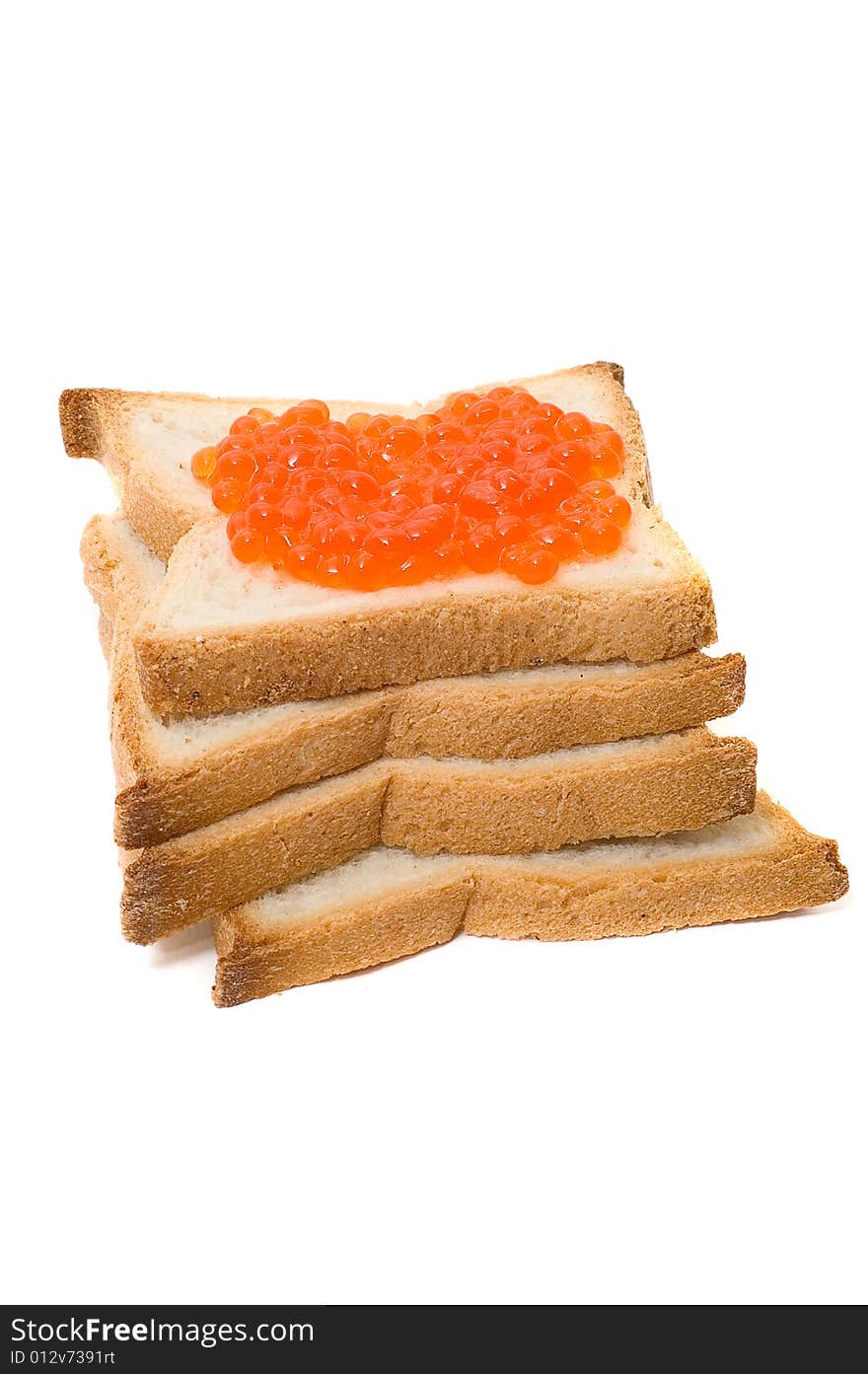 Bread and red caviar on white background