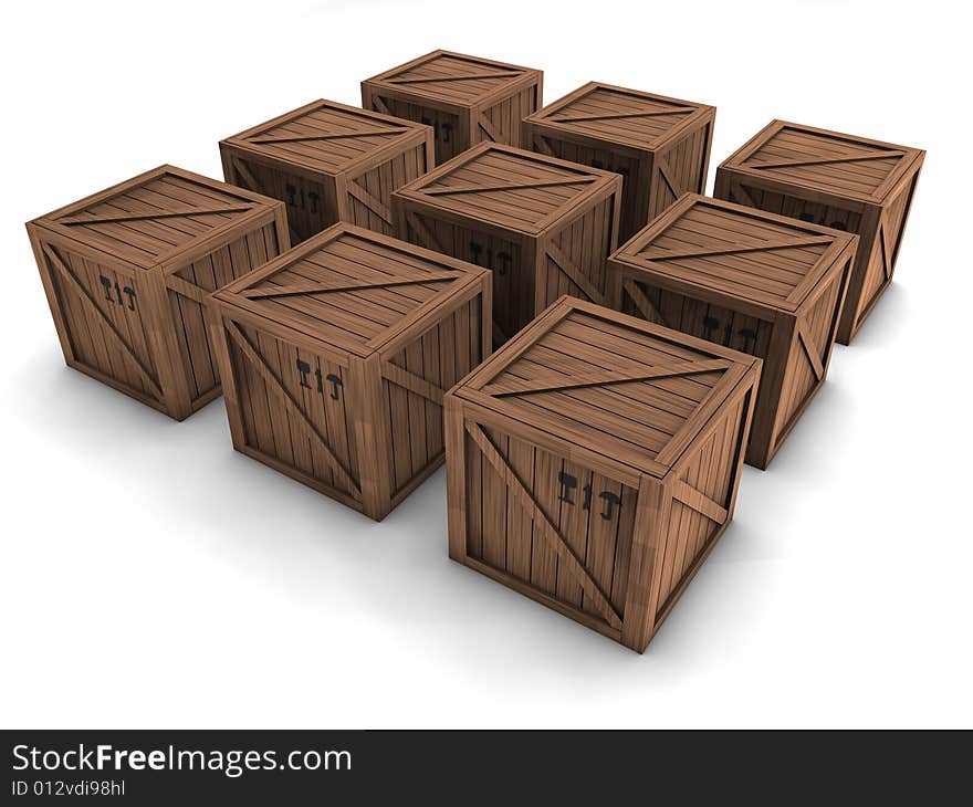 9 brown crates. 3d rendering.