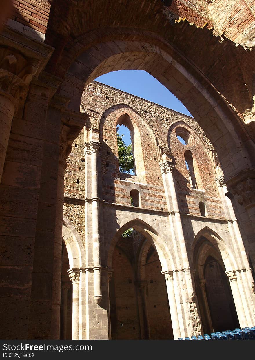 A beautiful glimpse of the indoor vaults of the uncover abbey of San Galgano in Tuscany. A beautiful glimpse of the indoor vaults of the uncover abbey of San Galgano in Tuscany