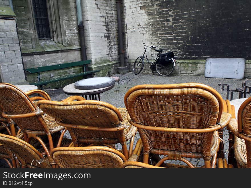 Closed cafe and old bisycle in winter time