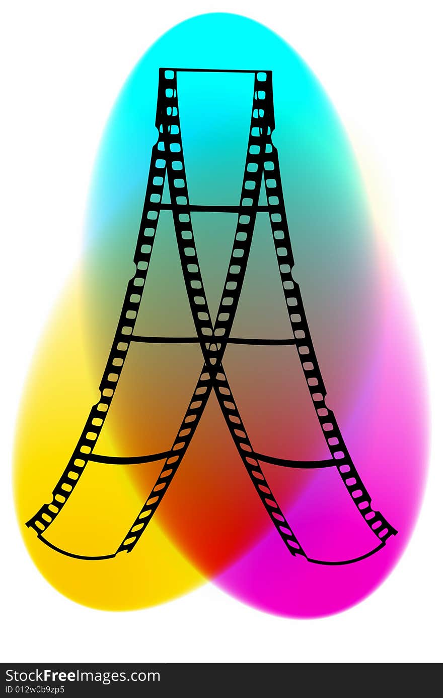 Illustration of 35mm filmstrips with CMYK colors on white background. Illustration of 35mm filmstrips with CMYK colors on white background.