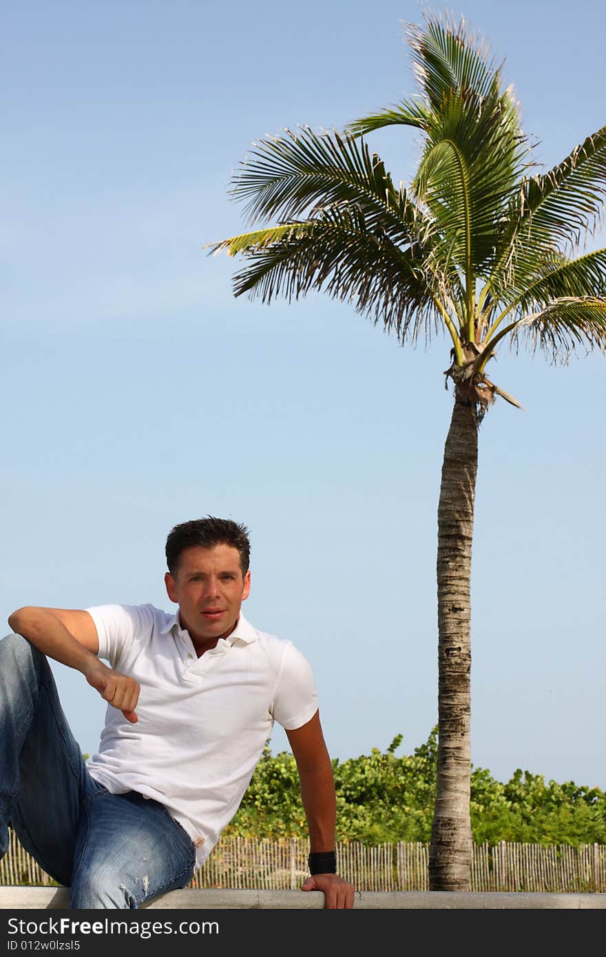 Man sitting with a palm tree in the background. Man sitting with a palm tree in the background