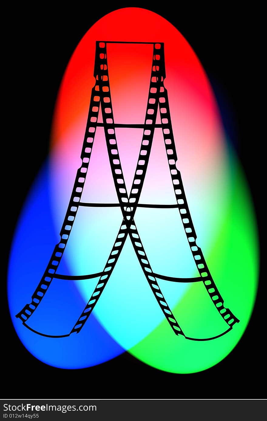 Illustration of 35mm filmstrips with RGB colors on black background. Illustration of 35mm filmstrips with RGB colors on black background.