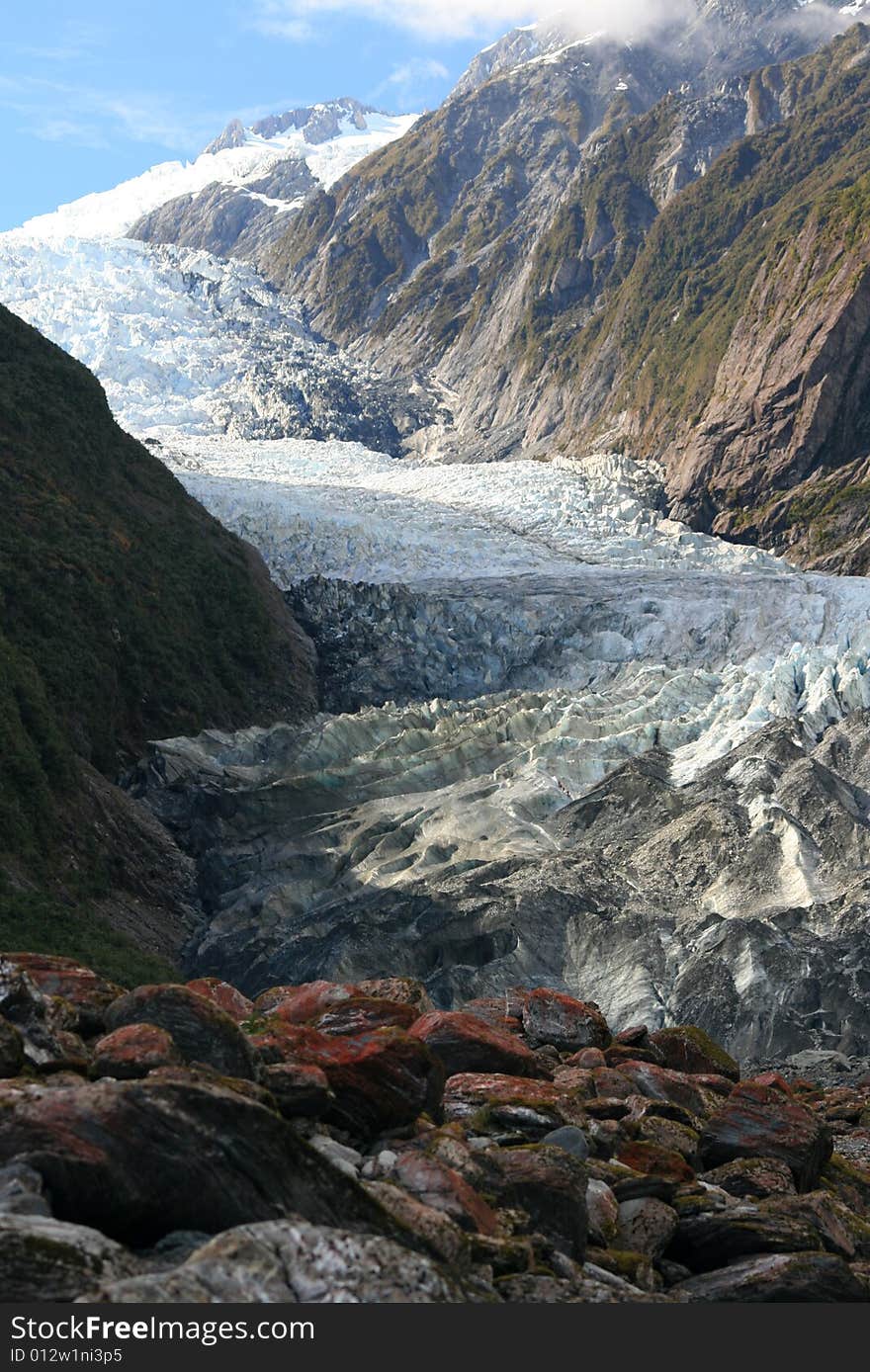 View up Franz Joseph Glacier for near sea level, Westland, NZ. View up Franz Joseph Glacier for near sea level, Westland, NZ