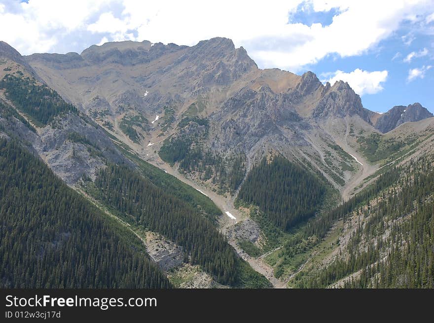 Summer view of mountain peaks and valley from cory pass, banff national park, alberta, canada