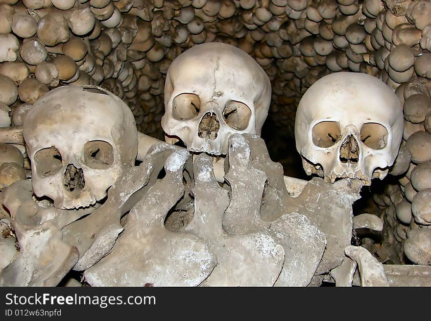 Skulls and bones in chapel of skull in Kutna Hora - Czech Republic