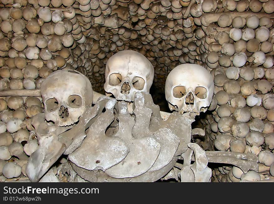 Skulls and bones in chapel of skull in  Kutna Hora - Czech Republic