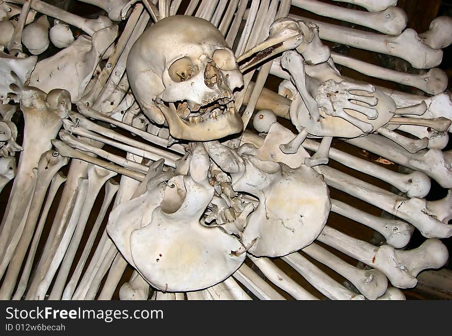 Skulls and bones in chapel of skull in Kutna Hora - Czech Republic