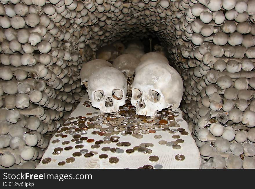 Skulls and bones in chapel of skull in  Kutna Hora - Czech Republic