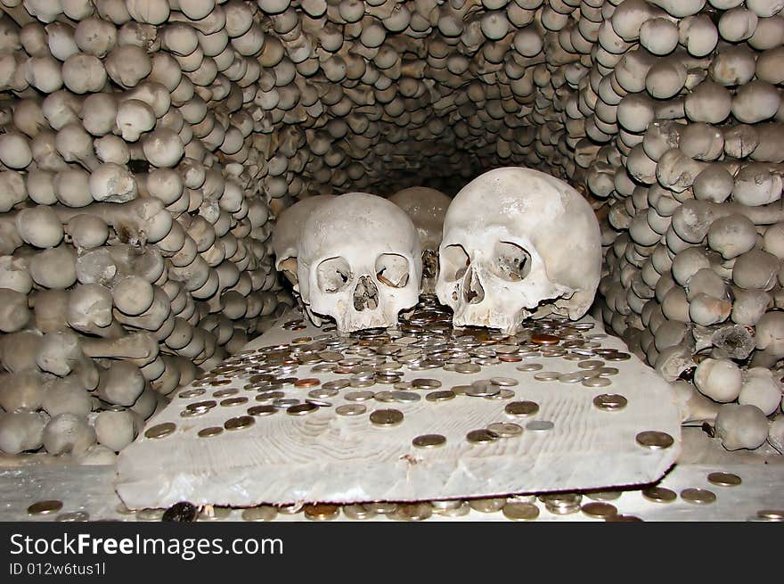 Skulls and bones in chapel of skull in  Kutna Hora - Czech Republic