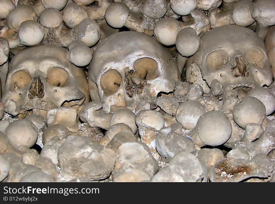 Skulls and bones in chapel of skull in Kutna Hora - Czech Republic