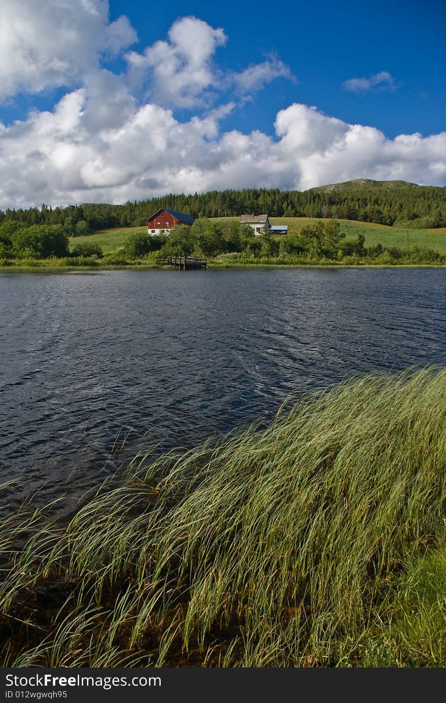 Norway landscape with typical cabin and lake. Norway landscape with typical cabin and lake