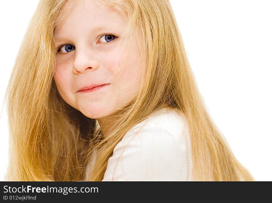 Small smiling girl with fair hair on white background