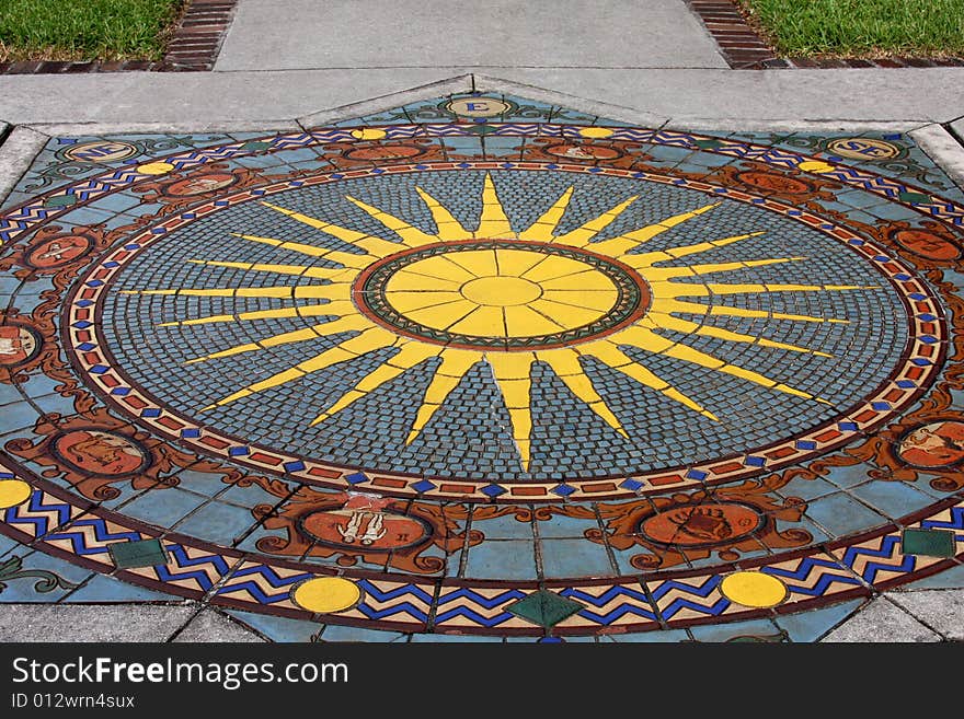 Roman mosaic with  signs of the zodiac  on  the Ringlin house walkway