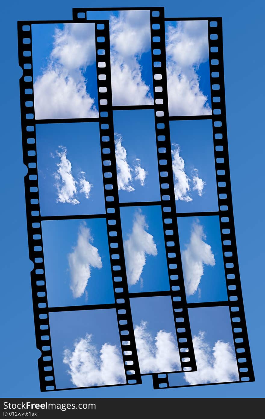 Illustration of 35mm filmstrips with blue skies and clouds on blue background. Illustration of 35mm filmstrips with blue skies and clouds on blue background.