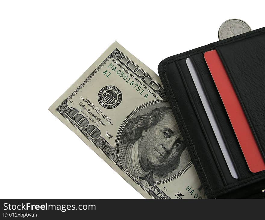 Purse and money in a corner on a white background