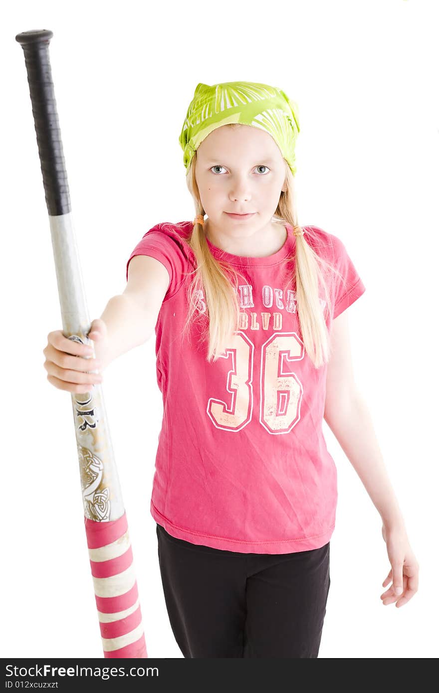 Isolated young girl giving softball bat to team mate. Isolated young girl giving softball bat to team mate