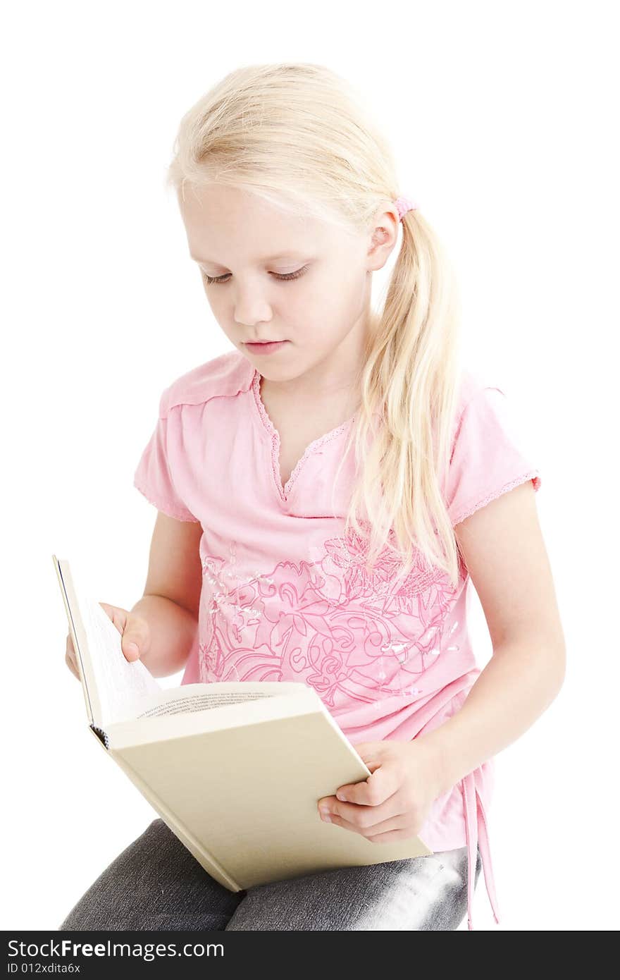 Young girl reading a book over white background