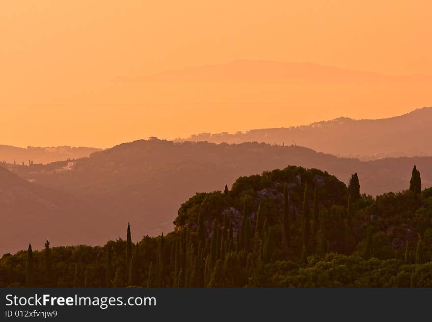 Sunset in greece orange glow