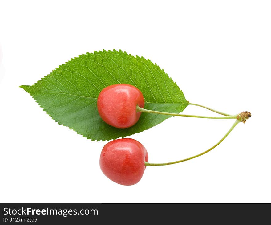 Cherry with a green leaf on white background.